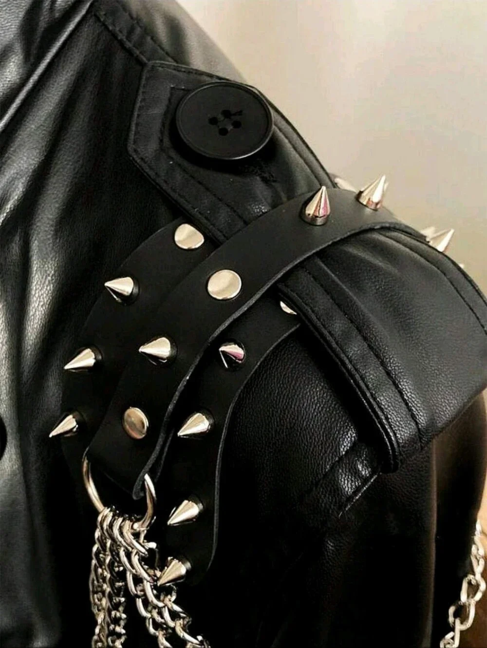 Spiked Leather Shoulder Harness with Silver Chains